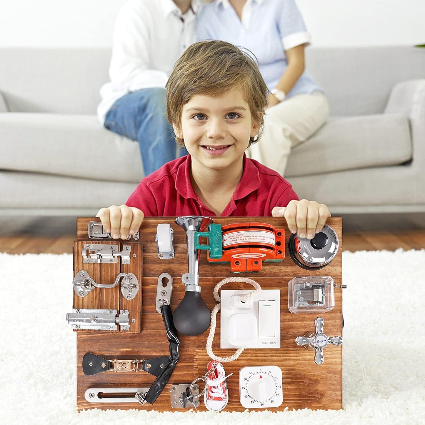 Busy Board for Toddlers Wooden Montessori Toys,Travel Toy Sensory Board Activity Board for Fine Motor Skills, Educational Learning Toy for 3 Year Old Boys & Girls with Locks,Latches,Keys, Music Board
