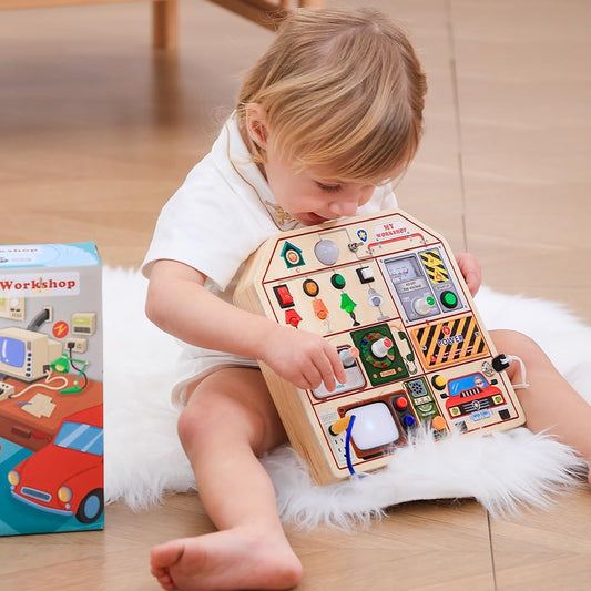 JAUNTY Montessori Wooden Busy Board for Toddlers 3 4 5 Years Old, Wooden Sensory Toddler Toys with LED Light Switches, TV Radio Telegram and Car Driving, Travel Toys Birthday for Boys Girls
