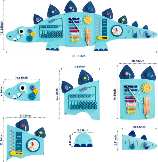 Beright Dinosaur Activity Wall Busy Board Panels, Montessori Sensory Toys, Toddler Learning Activity Center, Perfect for Toddler Playroom & Children's Daycare, Blue
