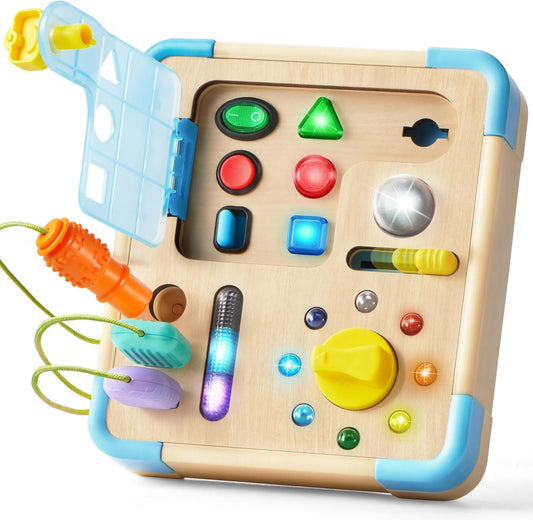Electronic Busy Board – Montessori-Inspired Pretend Toy with 15 LED Lights & 9 Sound Effects, 5 Interactive Switches & Plugs, Sensory Fun, Early Development, Baby Toys Age 18M+ Old