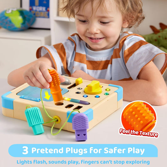 Electronic Busy Board – Montessori-Inspired Pretend Toy with 15 LED Lights & 9 Sound Effects, 5 Interactive Switches & Plugs, Sensory Fun, Early Development, Baby Toys Age 18M+ Old
