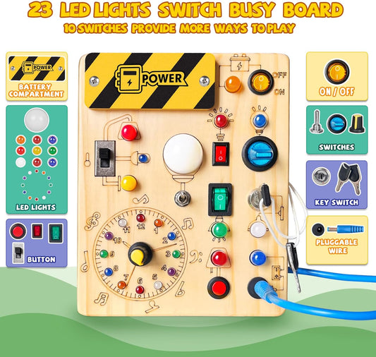 Busy Board, Montessori Toy for 1-3 Years Old, Wooden Toddler Sensory Travel Toy, Ideal Gift for 1+ Year Old Boys (Busy Board Plus V2), Medium, Yellow