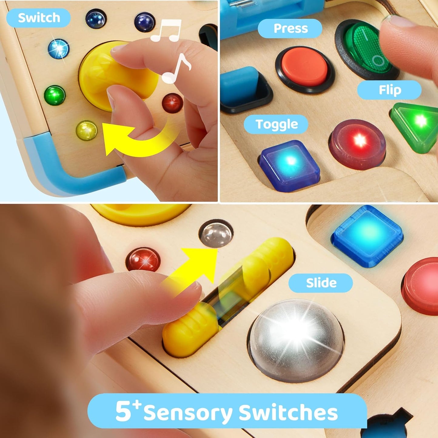 Electronic Busy Board – Montessori-Inspired Pretend Toy with 15 LED Lights & 9 Sound Effects, 5 Interactive Switches & Plugs, Sensory Fun, Early Development, Baby Toys Age 18M+ Old