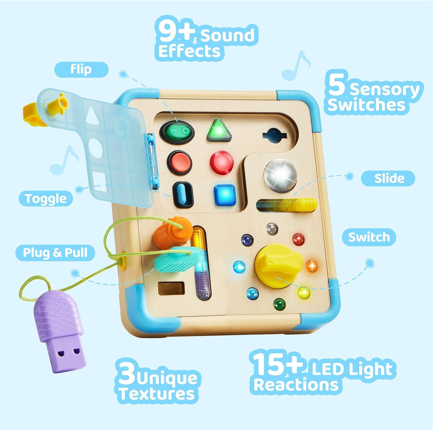 Electronic Busy Board – Montessori-Inspired Pretend Toy with 15 LED Lights & 9 Sound Effects, 5 Interactive Switches & Plugs, Sensory Fun, Early Development, Baby Toys Age 18M+ Old